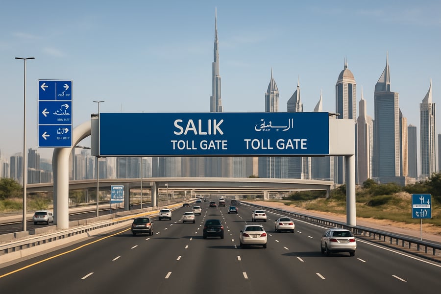 Dubai toll road with city skyline